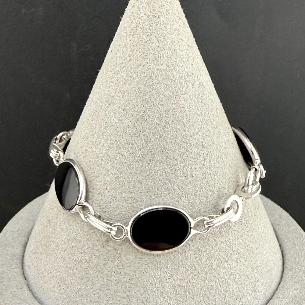 Vintage Sterling Silver Link Bracelet Signed LF Black Polished Stone  7
